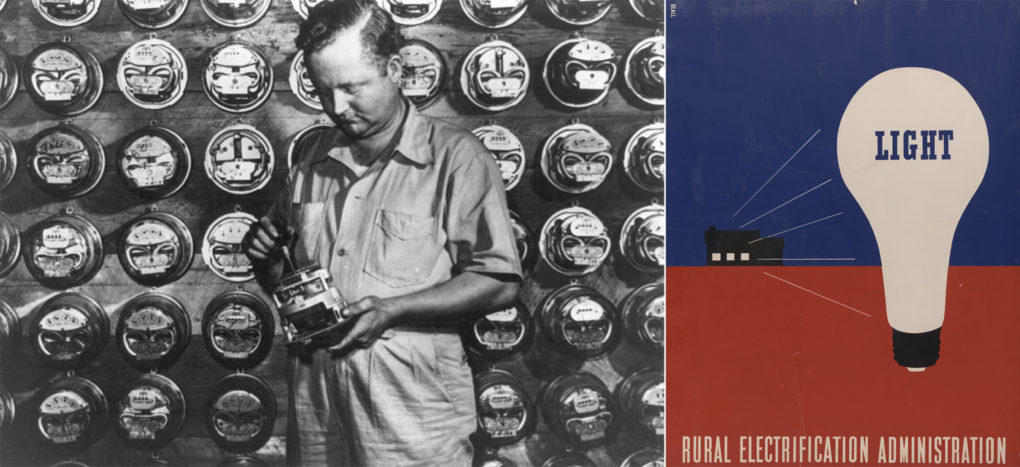 Left: Checking electric meters at the U.S. Rural Electrification Administration cooperative headquarters in Hayti, Missouri. Rural Electrification Administration poster by Lester Beall, ca. mid 1930s. 