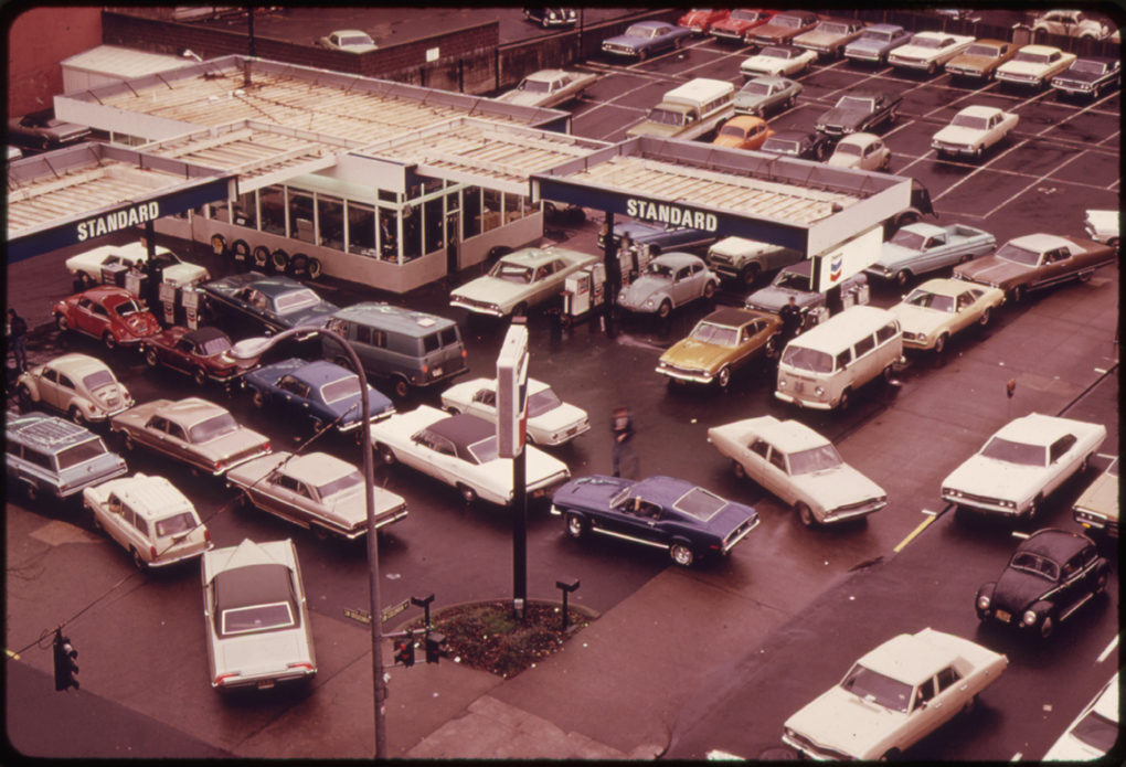 Gas station, Portland Oregon, in the fall of 1973, when customers were limited to five gallons per automobile.