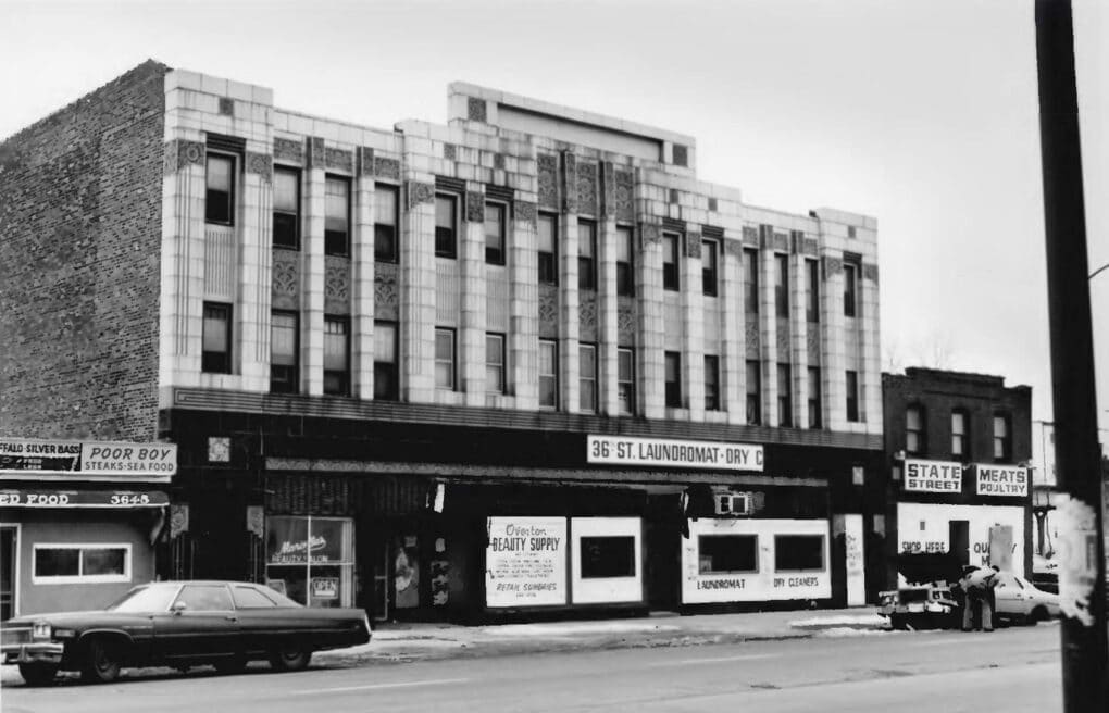 Black and white photograph of art deco building.
