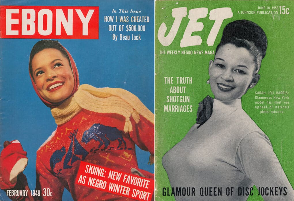 Covers of Ebony and Jet magazines, each featuring young Black woman model.