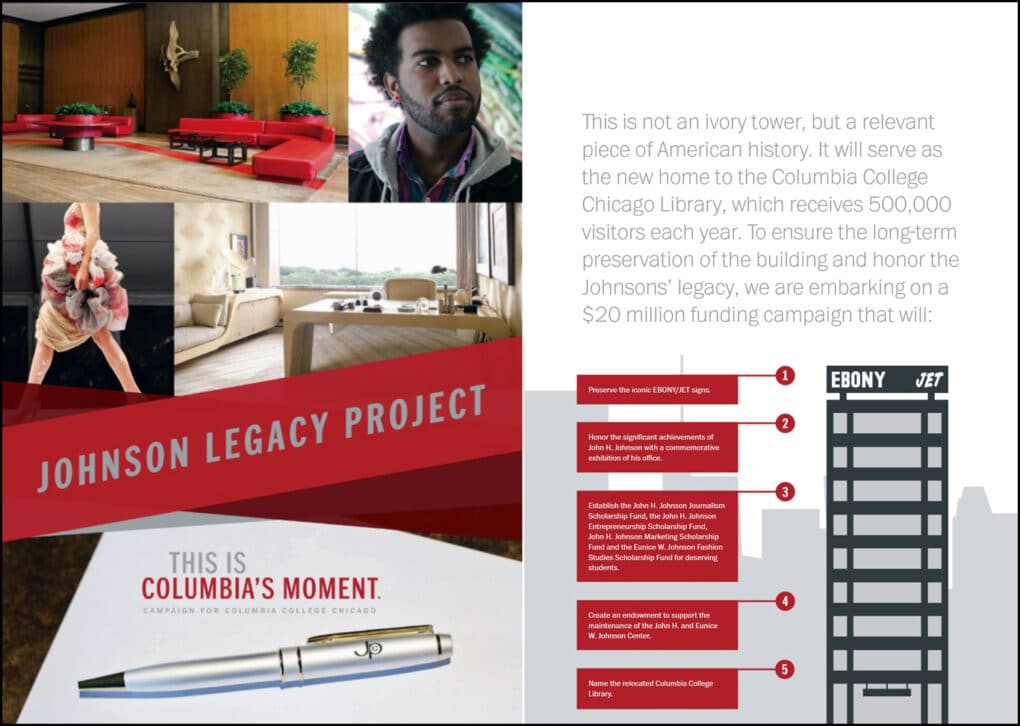 Two page brochure for Johnson Legacy Project with photographs and diagram of JPC building.