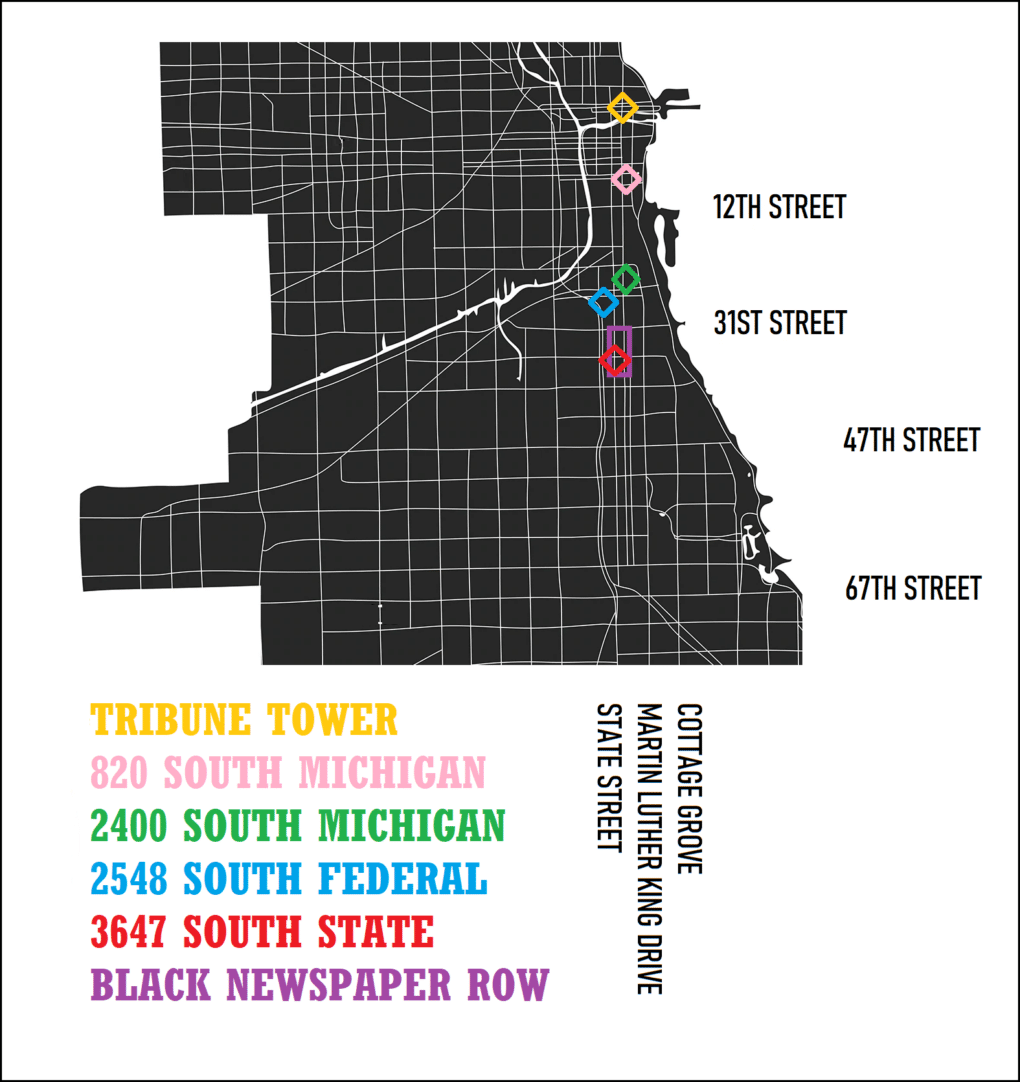 Black and white map with colored pins.