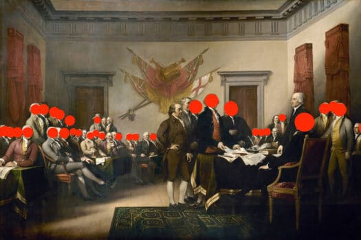 Signing of the Declaration of Independence with most faces covered by red dots.