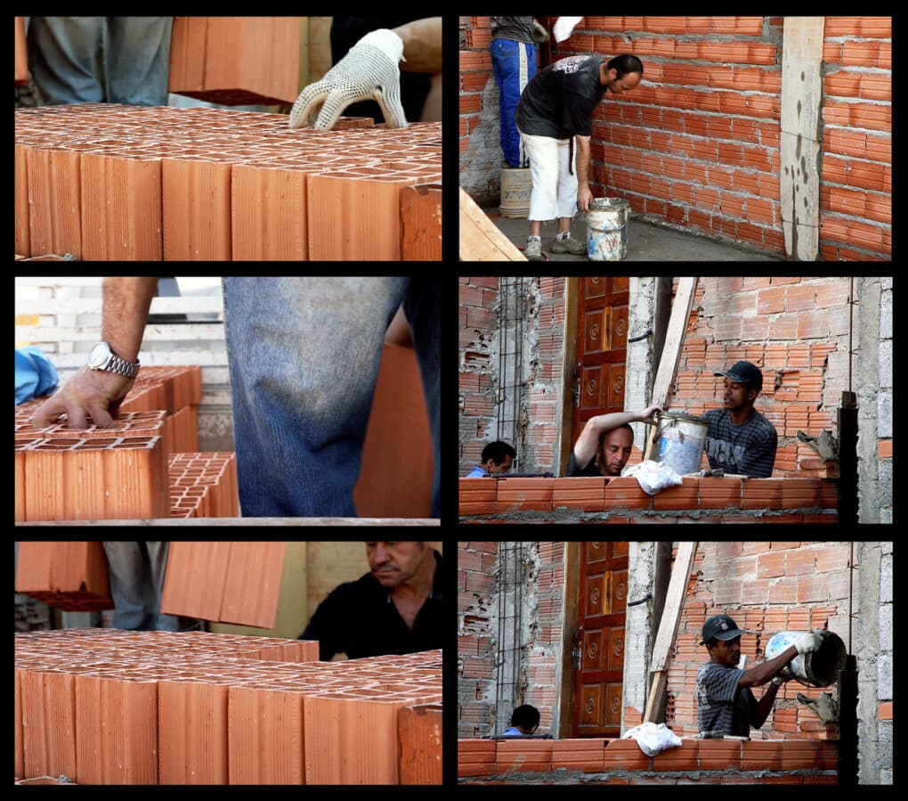 Six-panel composite of color photographs showing men building a wall with hollow terra-cotta bricks.
