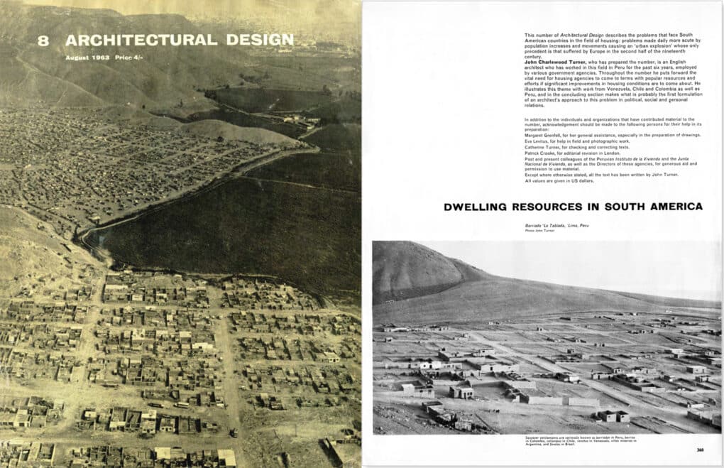 Cover and interior page of magazine, each with an aerial photo of a sprawling informal settlement.