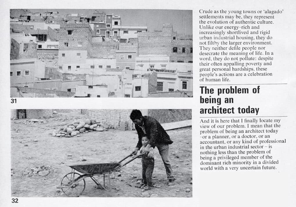 Magazine page with two black-and-white photographs of an informal settlement and a man and his small son with a wheelbarrow, alongside a column of text and the pullquote "The problem of being an architect today."