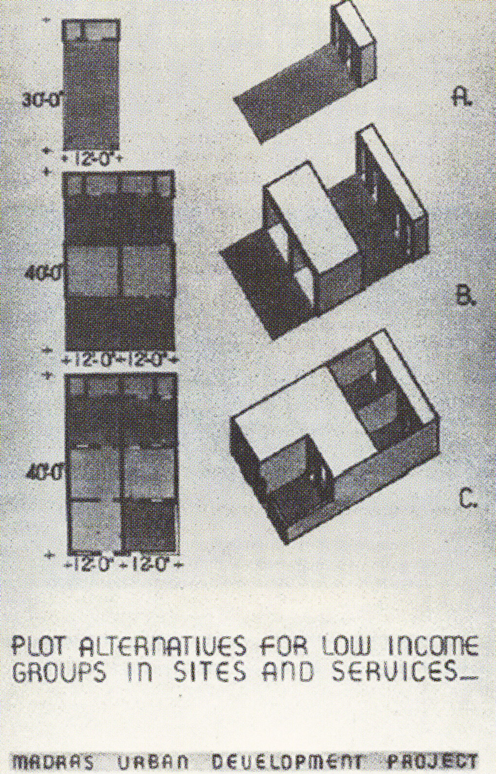 Black-and-white illustration of three housing forms in plan and axonometric drawing, with caption reading "Plot alternatives for low income groups in sites and services / Madras Urban Development Project."