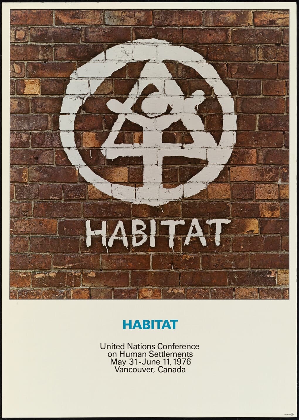 Poster showing a brick wall with graffiti symbol (a circle, inside which is a triangle with a human stick figure inside that). Below the symbol is the word HABITAT.