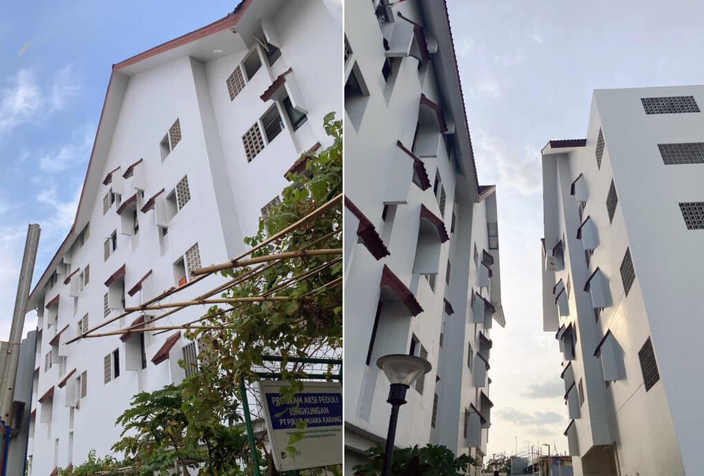 Composite of two photographs showing sleek white multistory apartment block.
