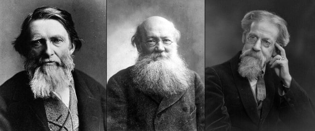 Three black-and-white portraits of bearded white men.