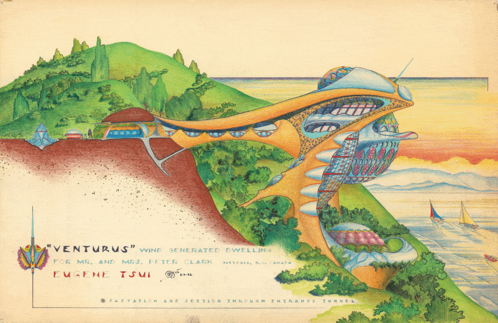 Eugene Tssui, “Venturus,” proposal for a wind-generated dwelling for Mr. and Mrs. Peter Cook, Victoria, BC, Canada, 1982.