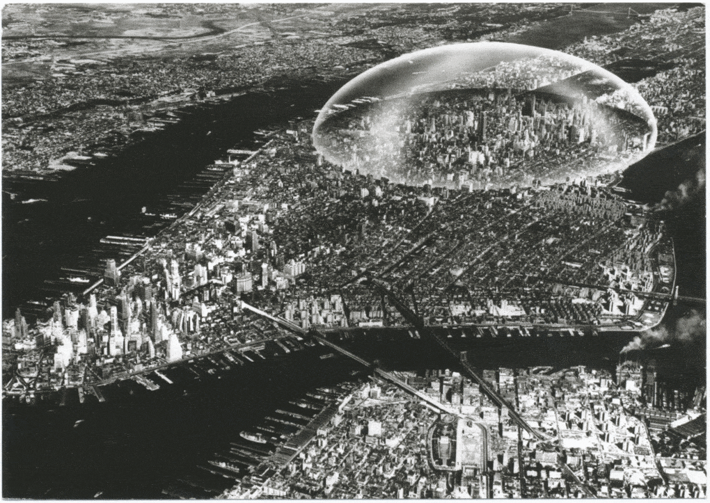 Rendering of Dome Over Manhattan, proposed by Buckminster Fuller and Shoji Sadao, 1960.
