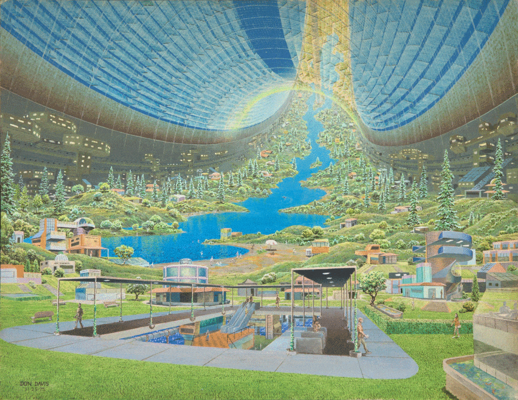 Illustration, ca. 1975, of a possible space settlement with suburban-style housing, created by a team of engineers at NASA.