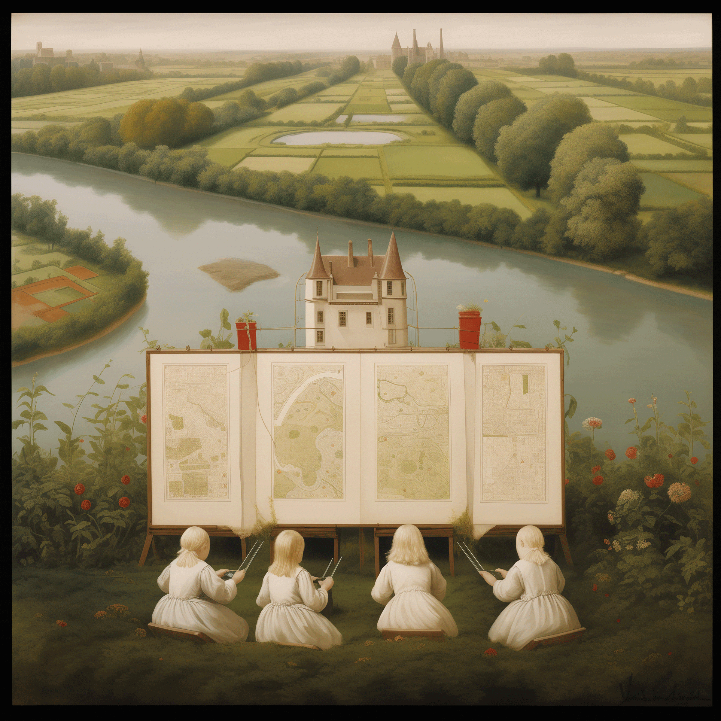 Click to Enlarge Bernheimer Architecture, Fairy Tale Architecture, Kew Gardens, drawing of girls at an easel.