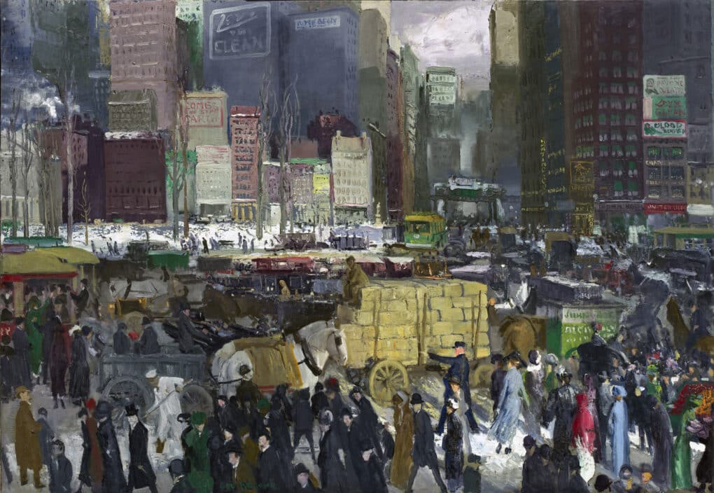 Oil painting in dense tones of gray, dark blue, yellow, and white, showing crowded city scene.
