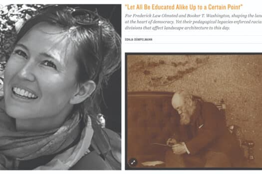 Composite of photo of Sonja Dumpelmann with an image from her Places essay "Let All Be Educated Alike Up to a Certain Point"
