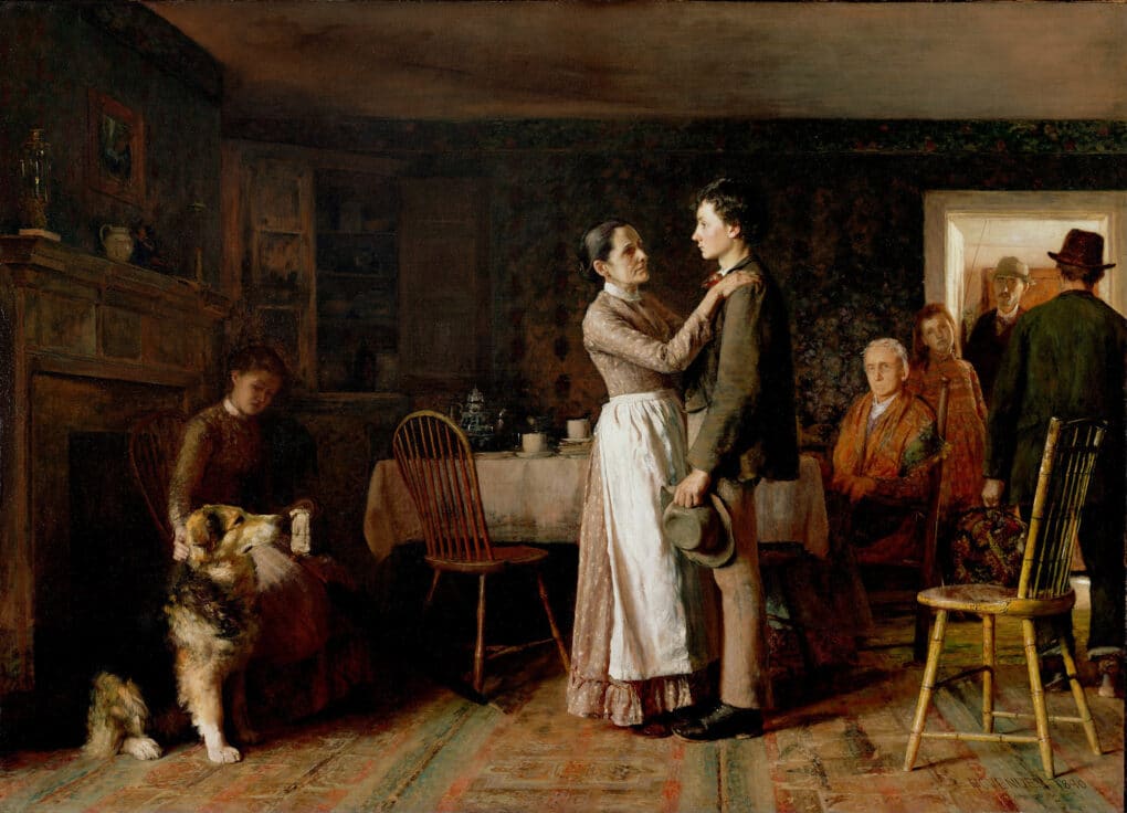 Color genre painting of a domestic interior, showing a middle-aged woman in long dress and apron embracing a young man while a family and a dog look on.