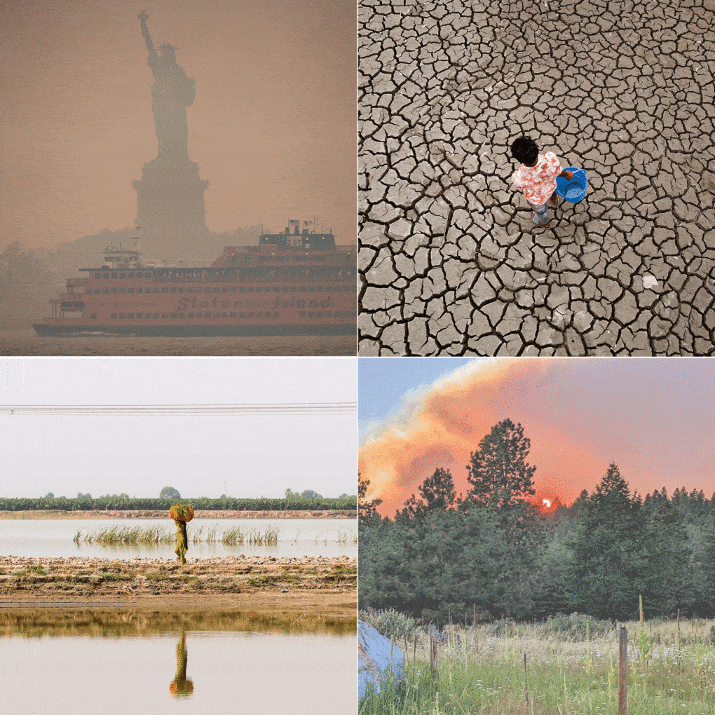 Clockwise from top left: Statue of Liberty shrouded in smoke from Canadian wildfires. A journey for water in Shyamnagar Union, Satkhira, Bangladesh, May 2023. Wildfire in British Columbia, Canada, July 2023. Flooding in SIndh Province, Pakistan, August 2023. 