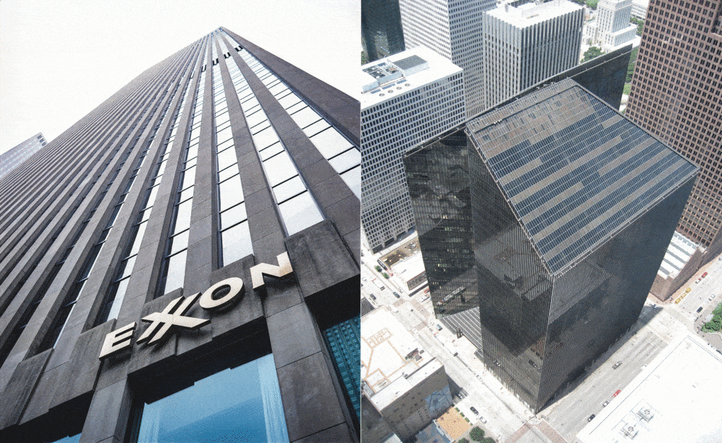 Left: The former headquarters of Exxon, designed by Harrison & Abramovitz in the late 1960s as an expansion of Rockefeller Center. Right: Pennzoil Place, Houston, designed by Philip Johnson in 1976 as the headquarters of Pennzoil.