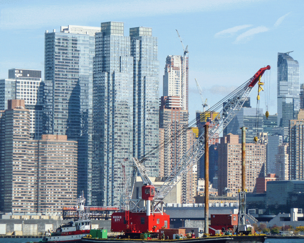 Skyscrapers and constructions cranes, New York City, 2017. 