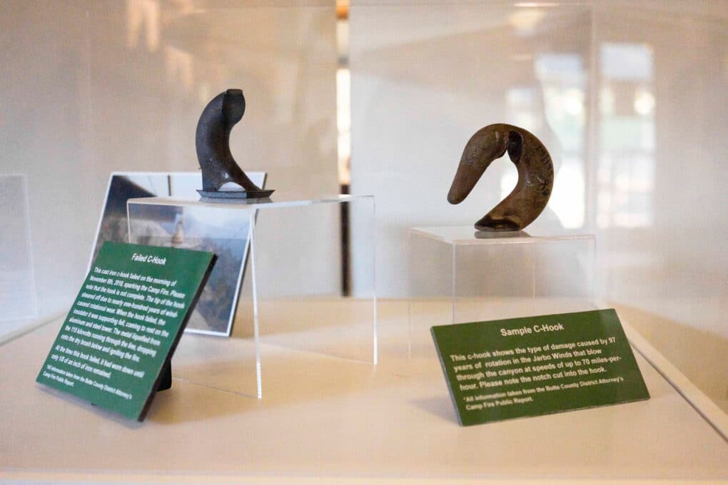 Color photo: Closeup of two large metal hooks, one split in half, in a display case.