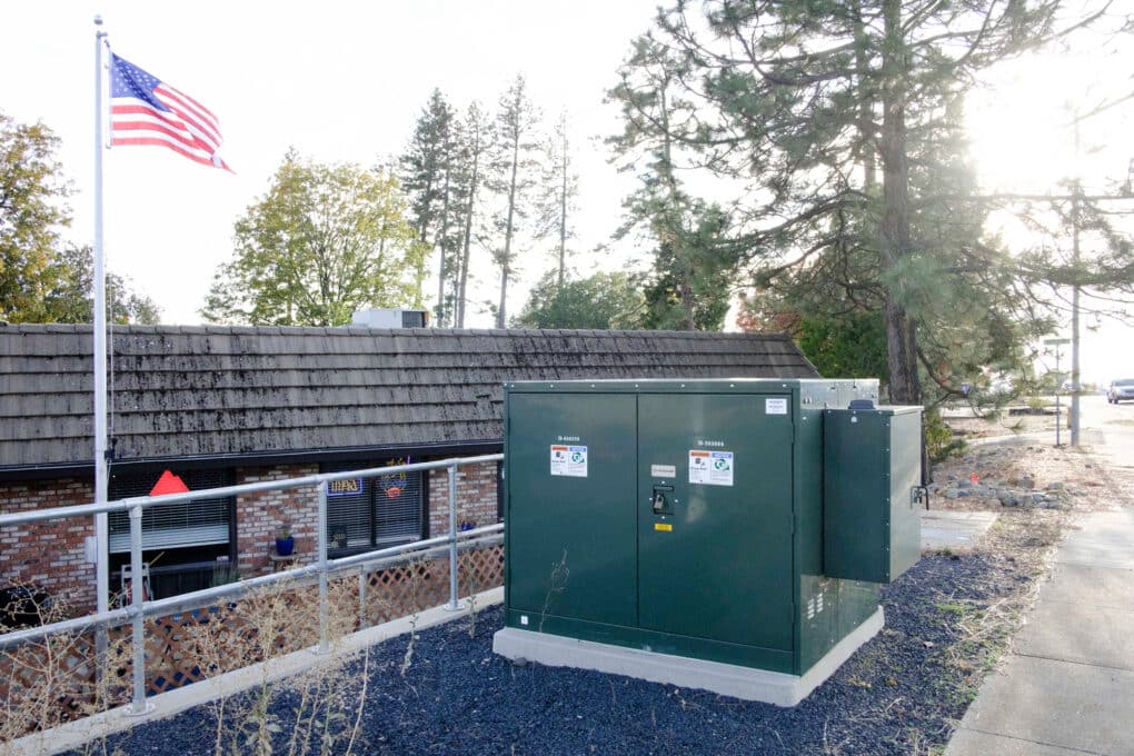 Color photograph of electric substation boxes, beside an American flag, with pine trees in the background.