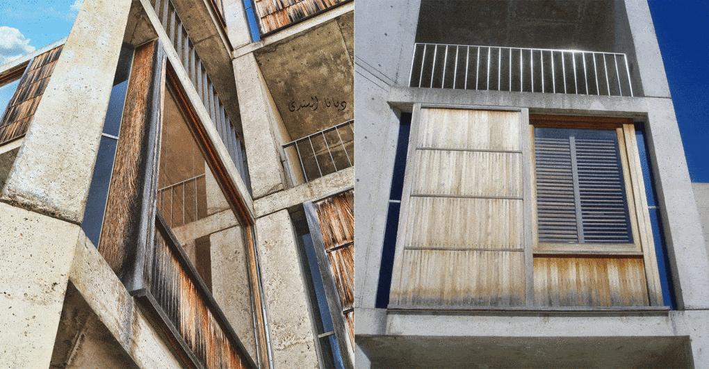 Two photographs showing the discoloration of the teak windows, before the conservation project. 