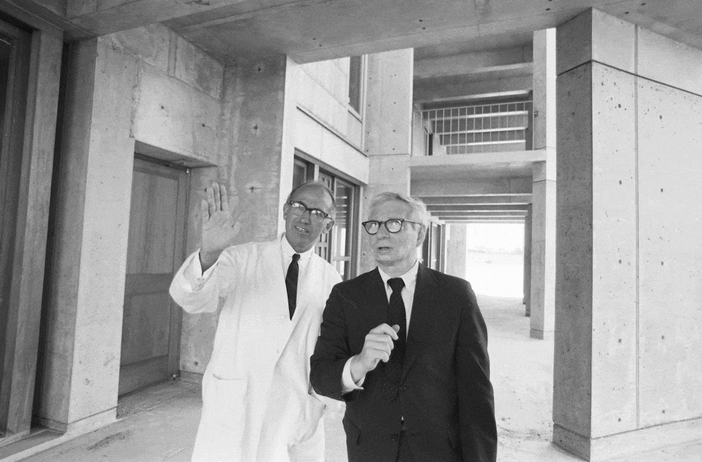 Jonas Salk and Louis Kahn at the Salk Institute, September 1966.