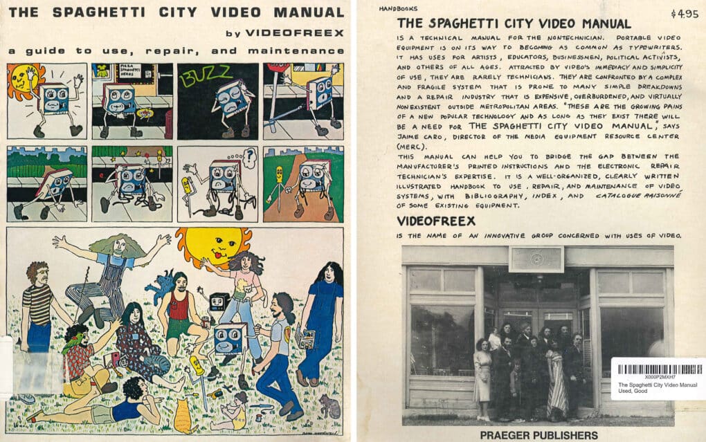 Book covers for The Spaghetti City Video Manual. The front cover shows a cartoon drawn in a whimsical 1970s style.
