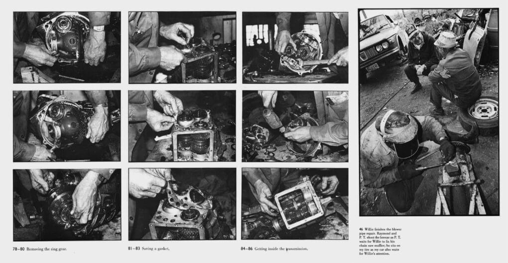 Black and white photos of a car transmission being repaired, step by step