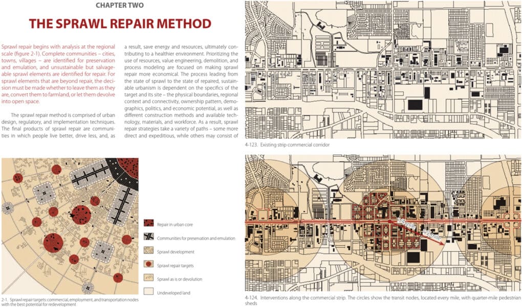 Illustrations from the Sprawl Repair Manual, showing an overhead plan of buildings and empty spaces where new buildings could be sited.