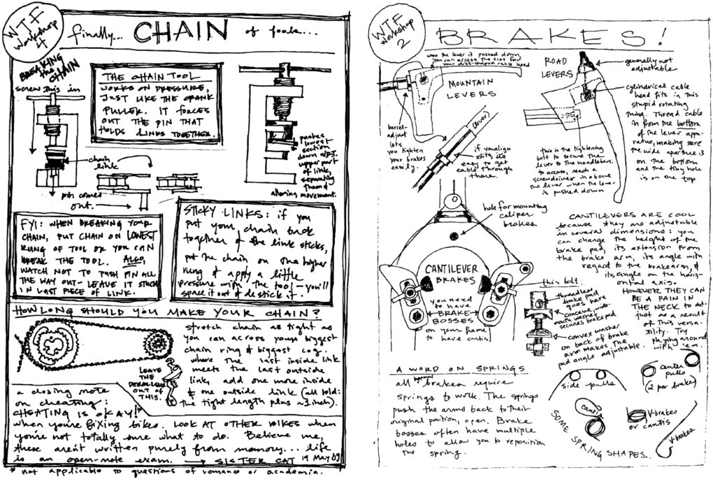 A detailed drawing about chain and brake maintenance from a black-and-white, handwritten zine.