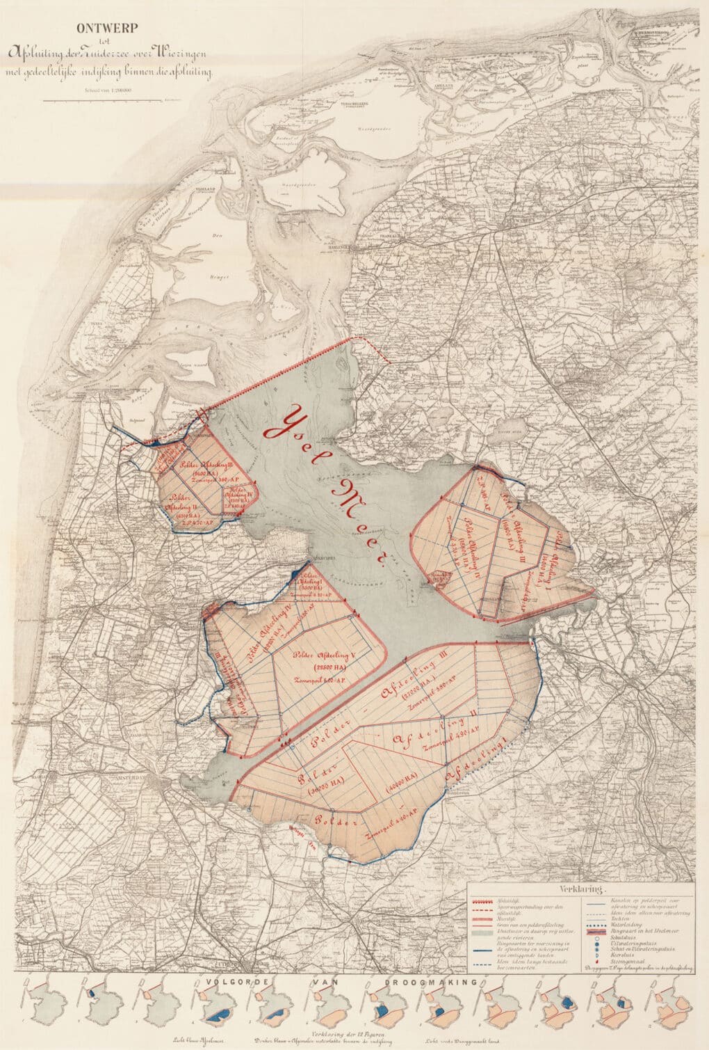 Old map of the Zuiderzee, showing a future dam and reclaimed lands