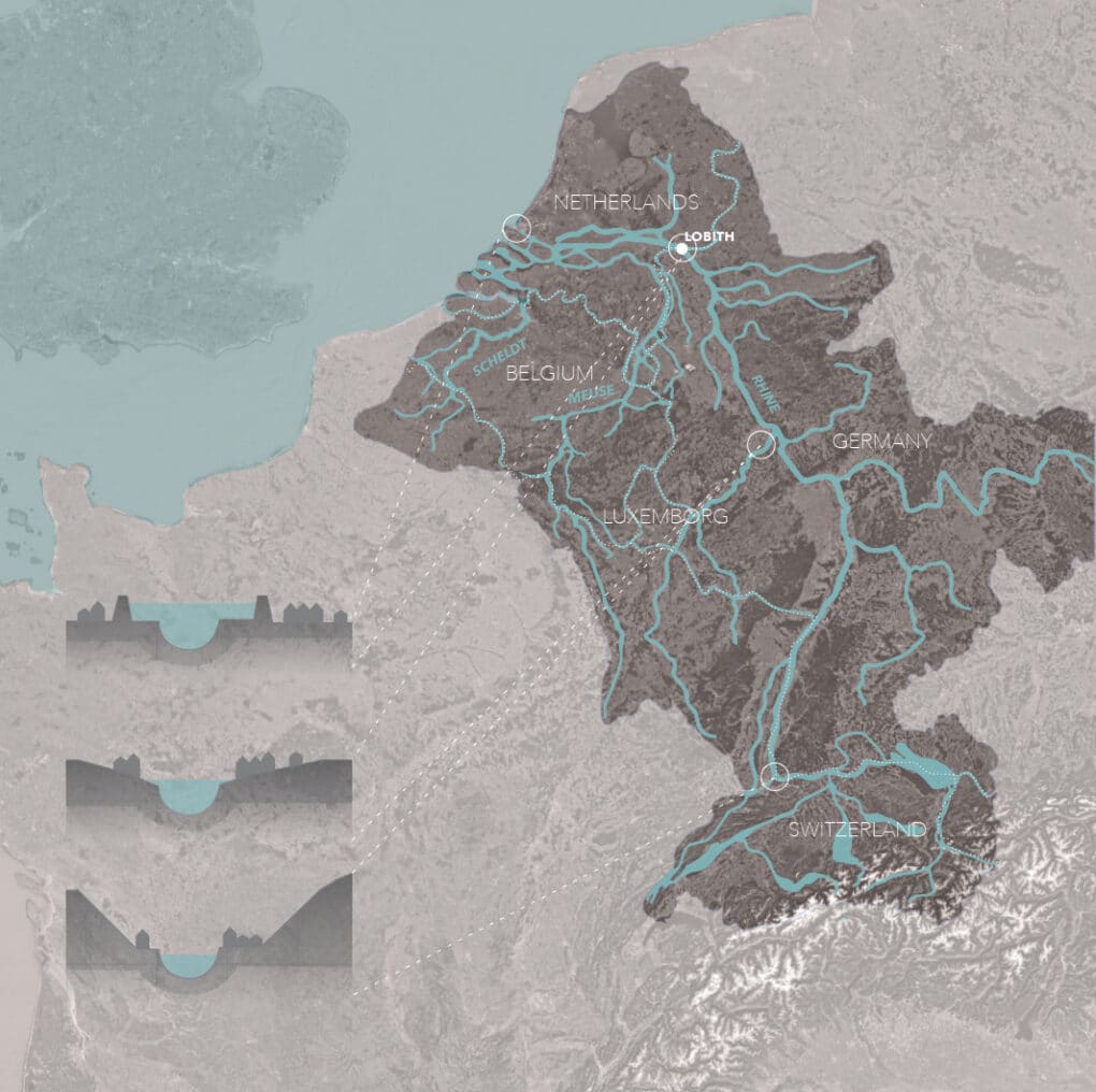Map of rivers in the Rhine–Meuse–Scheldt delta, encompassing parts of Swiztzerland, Germany, Luxembourg, Belgium, and the Netherlands.