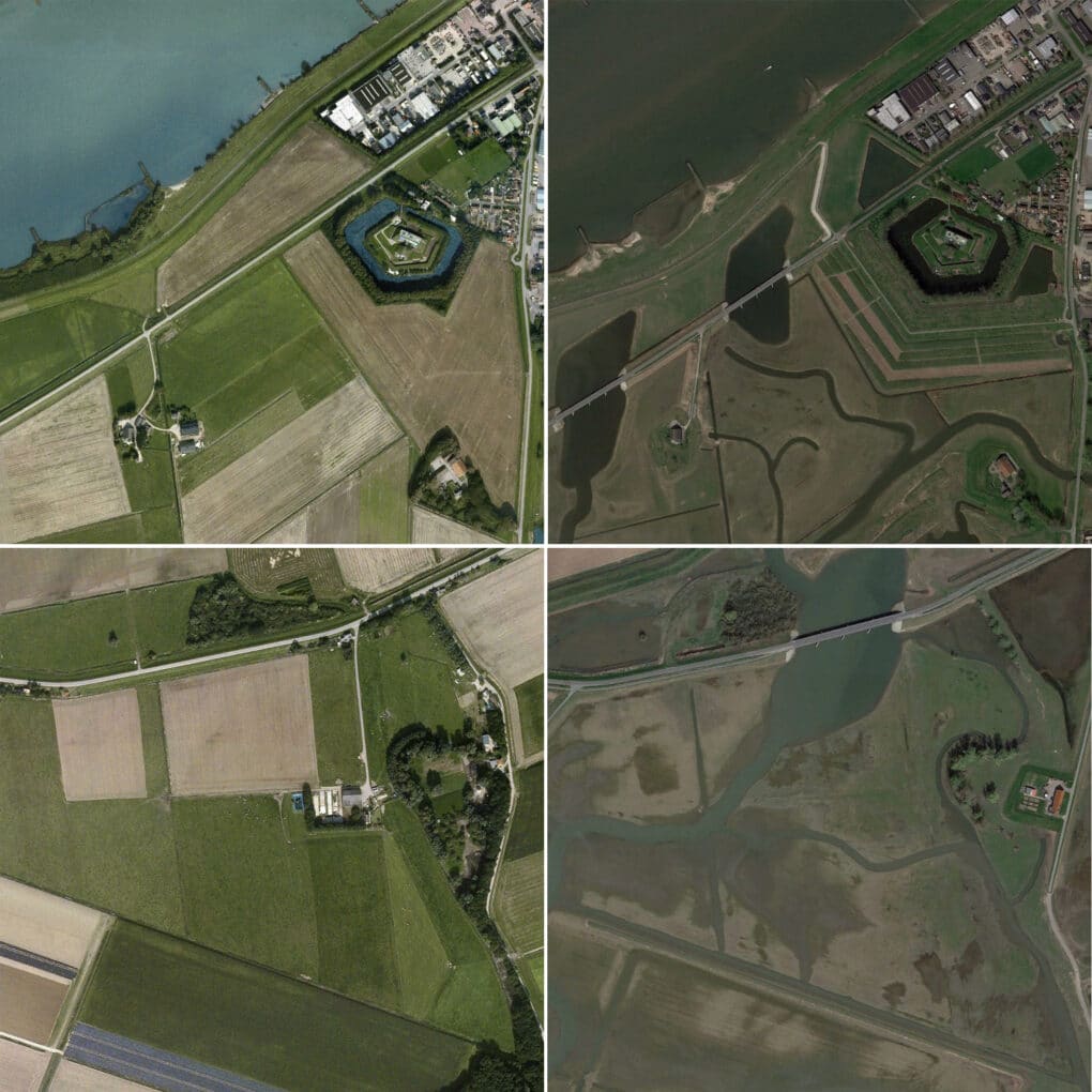 Satellite images zoomed in on buildings, fields, and water channels, before and after the Depoldering Noordwaard project.
