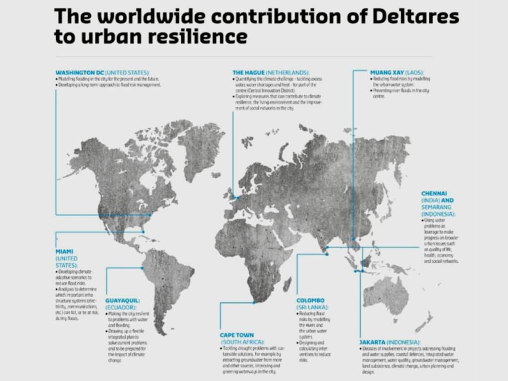 A world map graphic titled "The worldwide contribution of Deltares to urban resilience," showing nine locations around the world.