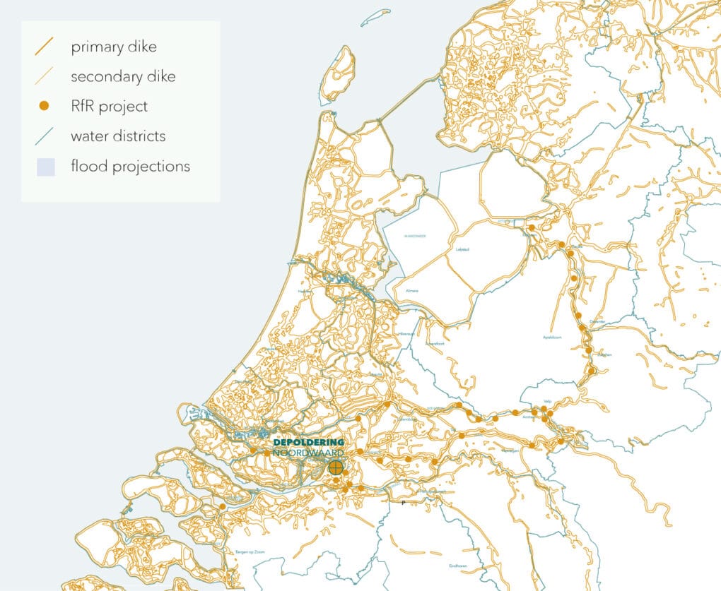 A map of the dike system in the Dutch delta, showing the location Room for the River projects, including Depoldering Noordwaard