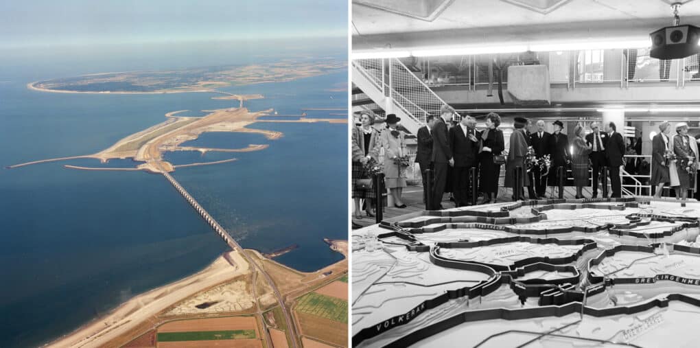 Left: Aerial view of a long storm surge barrier on the North Sea. Right: Black and white photo of Queen Beatrix and other officials standing near a large model showing a network of dam and dikes.