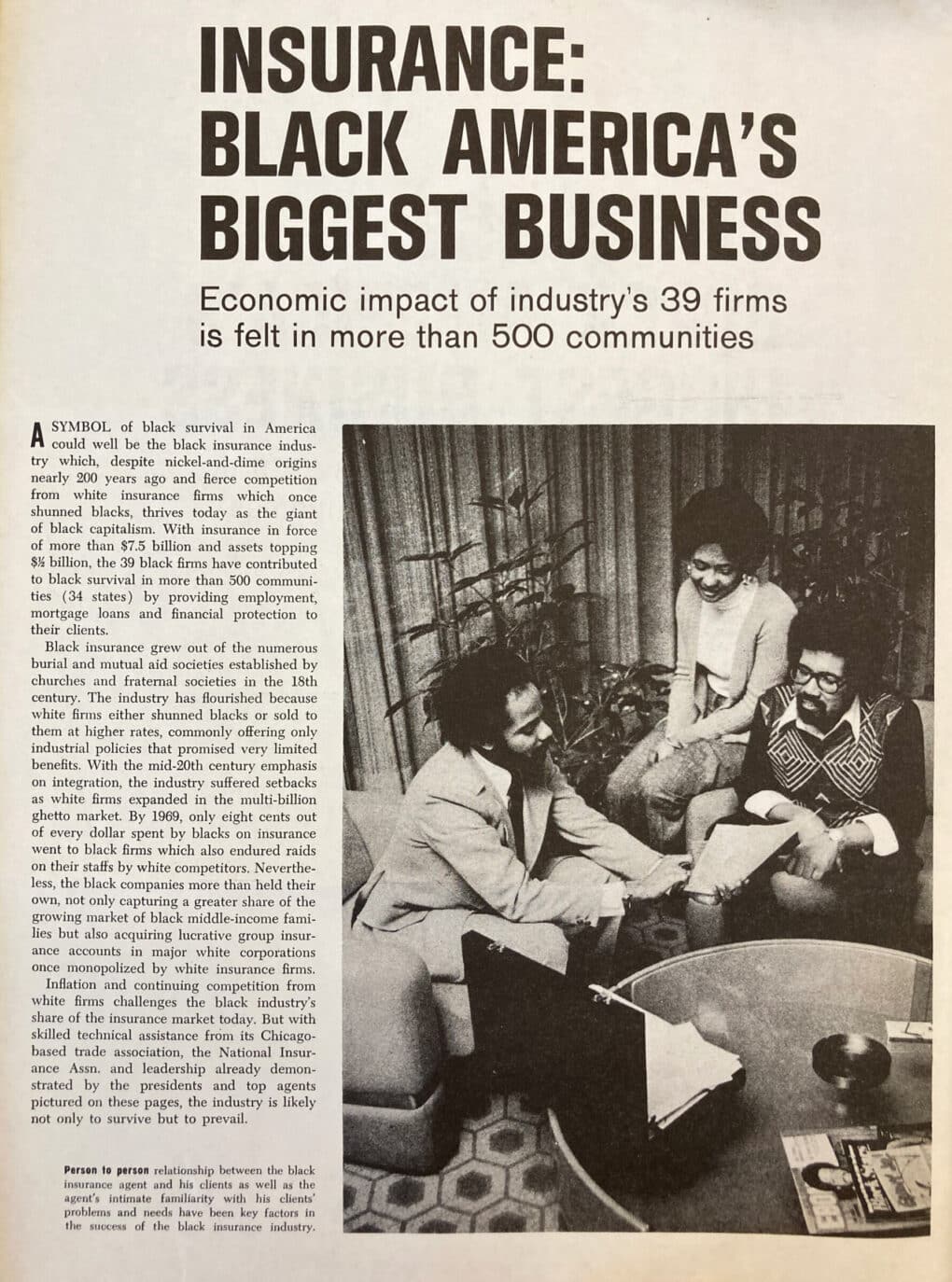 Page from a magazine with headline reading "Insurance: Black America's Biggest Business."