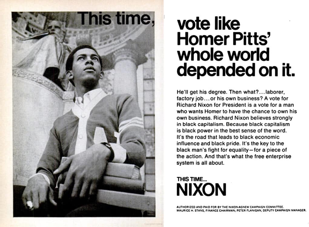 Double-page magazine advertisement showing young black man in a college letter-sweater, with caption "Vote like Homer Pitts' whole world depended on it...This time, Nixon."