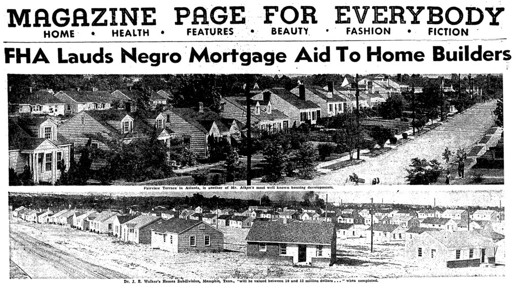 Newspaper clipping showing photos of two suburban developments with headline "FHA Lauds Negro Mortgage Aid to Home Builders."