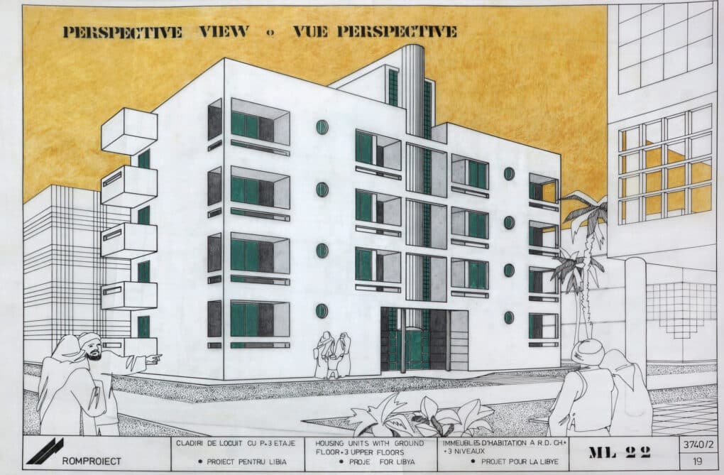 Black-yellow-and white perspective rendering of a concrete apartment building with balconies.