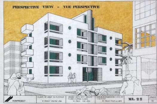 Black, white, and yellow perspective rendering of four-story modern building with balconies.