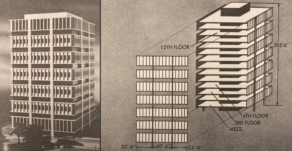 Diptych showing architectural model and rendering of a seven-story tower.