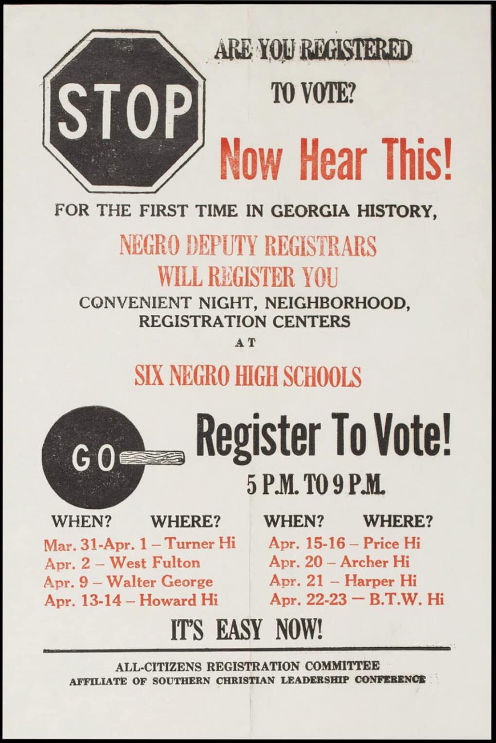 Black-red-and-white flyer with the words "STOP: Now Hear This! Register to Vote!"