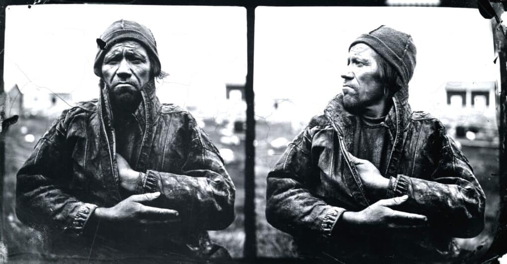 Diptych black and white photo of a man with deep lines on his face wearing a leather jacket and cap, folding his arms. In the image on the left he is looking forward, in the image on the right he is looking to the side over his shoulder.
