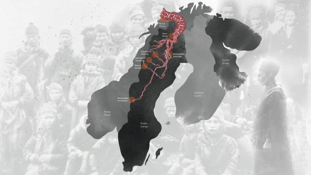 Artist-drawn map with areas of Sami displacement indicated by a woven red sash that is unravelling. Map overlays group portrait of displaced Sami. 
