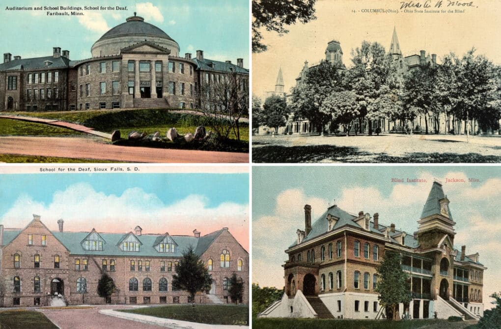 Grid of eight postcards, each depicting grand building in various architectural styles, some in black and white and some in vintage color printing tones.