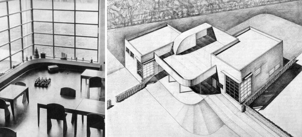 Image on left shows children's classroom, with floor-to-ceiling windows, toys, and table and chairs. Image on right is architectural drawing of the building from an aerial perspective.