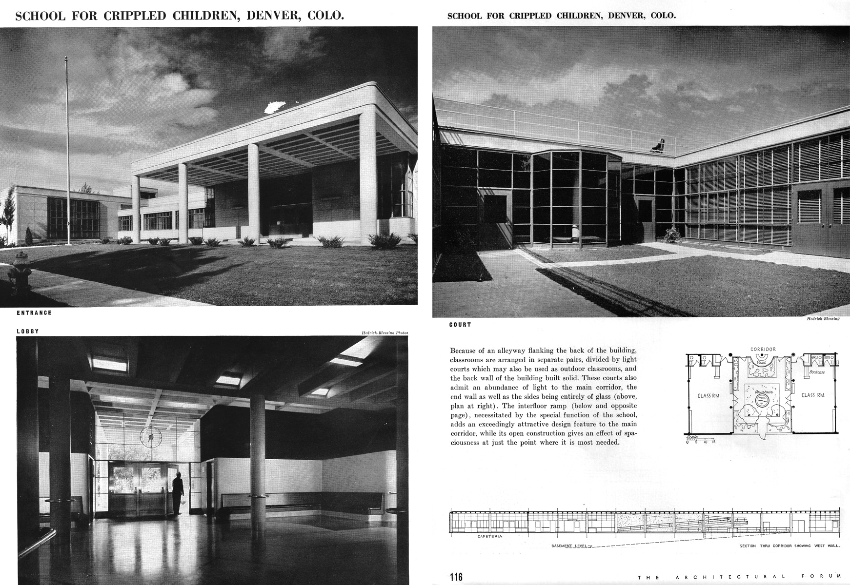 Click to Enlarge Black and white magazine layout with three photos of the new and empty building, as well as a layout diagram and a sectional diagram.